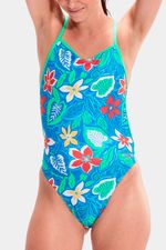 Vestido de baño Allover Digital Retro Flor V-Back Azul Mujer